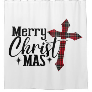 Merry Christ-mas with Plaid Cross Shower Curtain