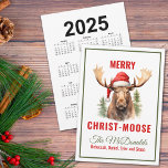 Merry Christ-moose Christmas Moose Calendar Holiday Card<br><div class="desc">Embrace the holiday spirit with our charming Christmas card/calendar, featuring a loveable moose donning a Santa hat on the front, accompanied by the punny greeting “Merry Christ-moose”. On the back you’ll find a convenient calendar for your recipient to enjoy for the entire year. This card is perfect for sending warm...</div>