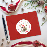 Merry Christ-moose Funny Christmas Moose Classic Round Sticker<br><div class="desc">Embrace the holiday spirit with our charming Christmas sticker, featuring a loveable moose donning a Santa hat accompanied by the punny greeting “Merry Christ-moose”. This sticker is perfect for sending warm wishes to family and friends, spreading laughter and joy during the festive season These stickers make great envelope seals for...</div>