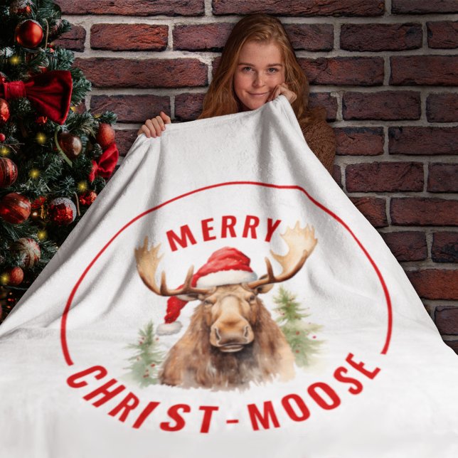Merry Christ-moose Funny Christmas Moose Fleece Blanket (Creator Uploaded)