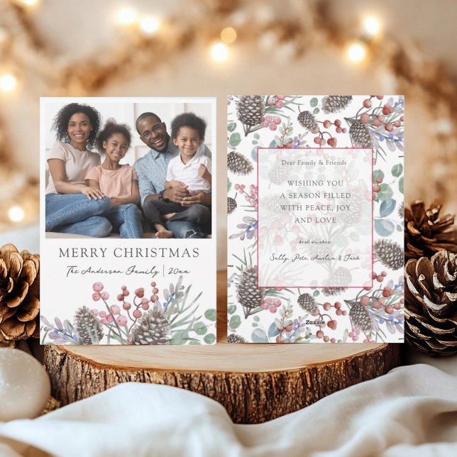 Merry Christams Watercolor Foliage & Photo Holiday Card (Creator Uploaded)