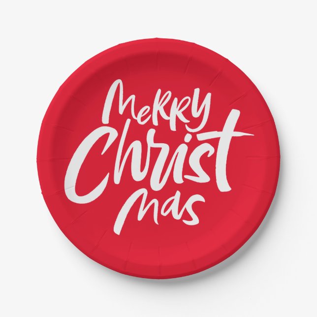 Merry Christian Christmas Lettering Christ God Red Paper Plate (Front)