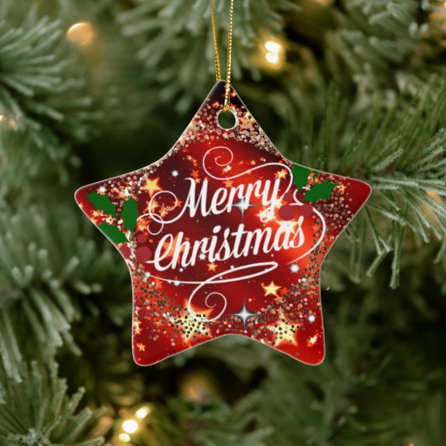   Merry Christmans, glitter and shine, Ceramic Ornament (Tree)