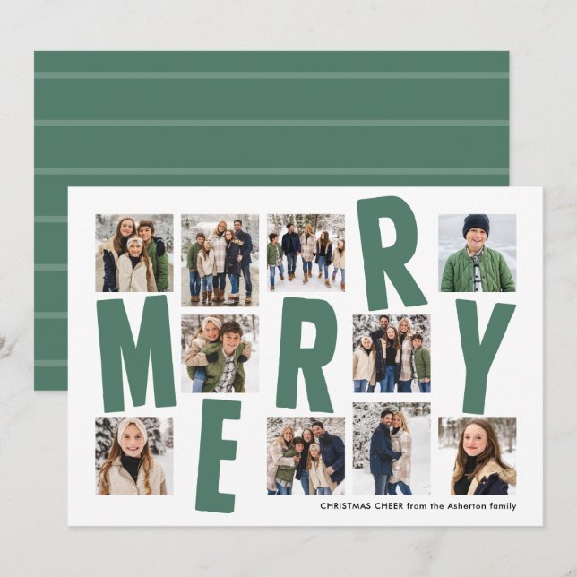 Merry Christmas 10 photo collage bold modern green Holiday Card (Front/Back)