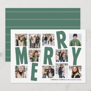 Merry Christmas 10 photo collage bold modern green Holiday Card