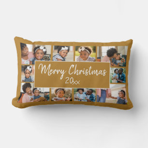 Merry Christmas 10 Photo Collage Gold Yellow Lumbar Cushion