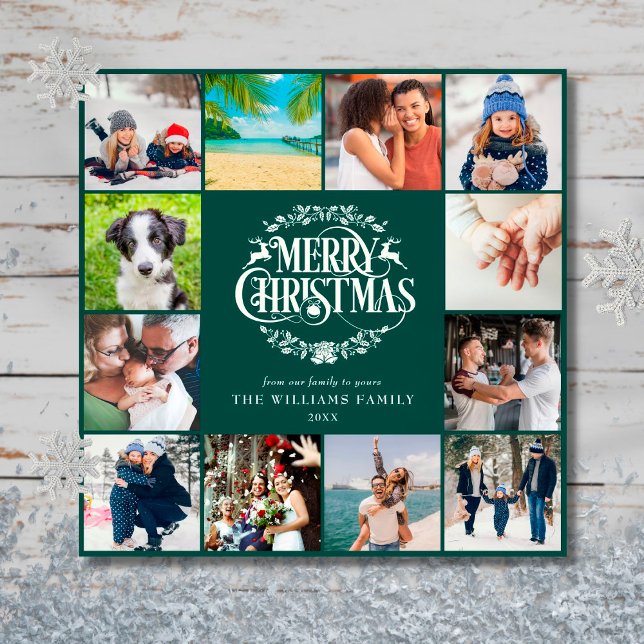 Merry Christmas 12 Photo Collage Green Holiday Card (Creator Uploaded)
