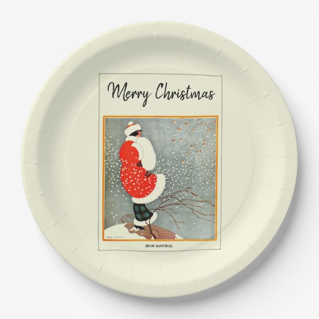 Merry Christmas 1914 Snow Bunting  Paper Plate (Front)