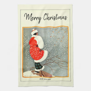 Merry Christmas 1914 Snow Bunting Tea Towel