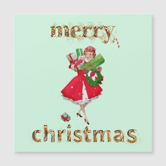 Merry Christmas 1950 Vintage lady with gifts (Front)