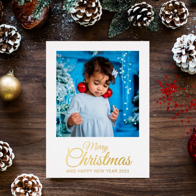 Merry Christmas 1 photo elegant script gold Foil Holiday Postcard (Creator Uploaded)