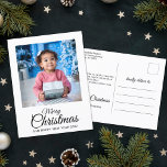 Merry Christmas 1 photo elegant script Holiday Postcard<br><div class="desc">This classy and elegant Christmas postcard is perfect for sending holiday greetings to family and friends. The front of the card is customisable with one of your favourite family portraits and features a modern whimsical hand-lettered Merry Christmas typography. The back of the card is personalizable with your return address, your...</div>