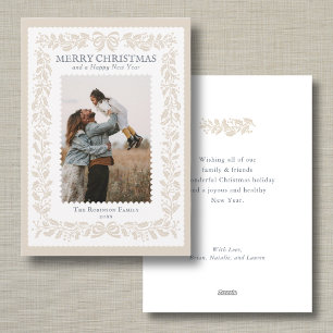 Merry Christmas 1 Photo Neutral Holly Garland Holiday Card