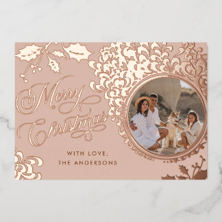 Merry Christmas 1 Photo Vintage Holly Real Foil Holiday Card