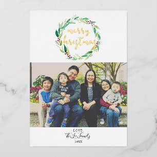 Merry Christmas 1 Photo Watercolor Wreath Chic Foil Holiday Card