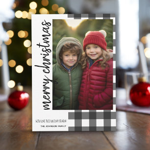 Merry Christmas 1 Photo White Black Buffalo Plaid Holiday Card
