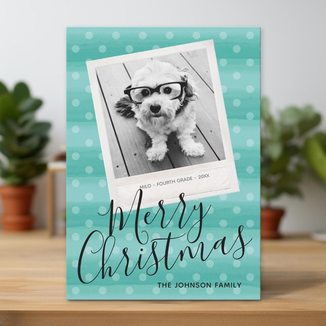 Merry Christmas 1 Photo with Modern Watercolor Holiday Card (Unique Photo Card)