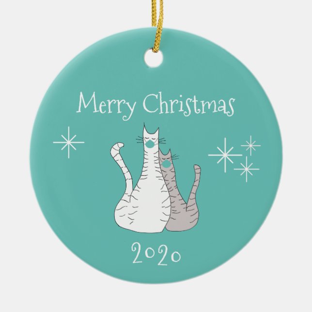 Merry Christmas 2020 Cats Trendy Teal Face Masks Ceramic Ornament (Front)