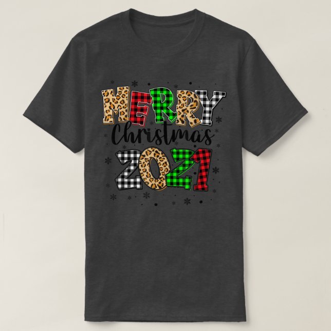 Merry Christmas 2021 Leopard Buffalo Plaid Red Gre T-Shirt (Design Front)