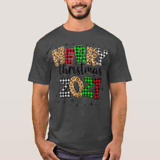 Merry Christmas 2021 Leopard Buffalo Plaid Red Gre T-Shirt