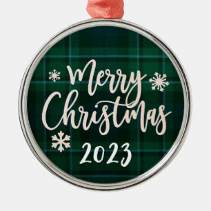 Merry Christmas 2023 Green Plaid Metal Ornament