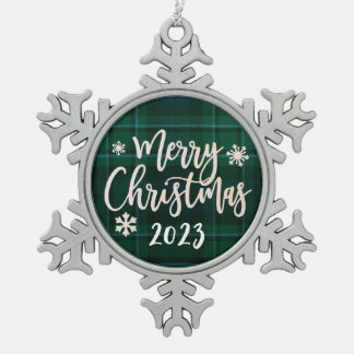 Merry Christmas 2023 Green Plaid Snowflake Pewter Christmas Ornament