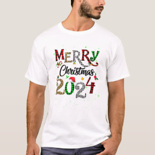 Merry Christmas 2024 Leopard Buffalo Plaid Red Gre T-Shirt