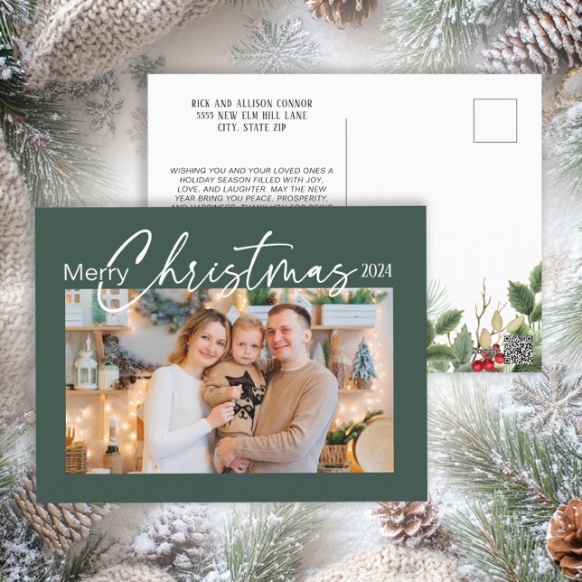 Merry Christmas 2024 Photo Elegant Script Green Holiday Postcard (Elegant green Christmas photo postcard)