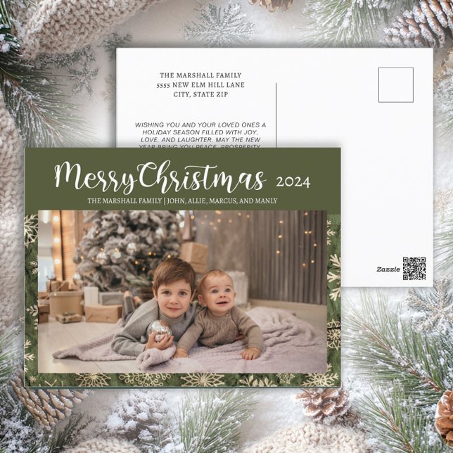 Merry Christmas 2024 Photo Typography Green Gold Holiday Postcard (Green Christmas photo postcard)
