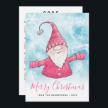Merry Christmas 2025 Calendar Blue Pink Gnome Holiday Card<br><div class="desc">Create cute personalised Christmas cards with Merry Christmas greetings from your family. The backside has a 2025 calendar on a white background. The design with a cheerful gnome in festive pink clothes on the snowy background is suitable for family, friends, neighbours, or colleagues. The template makes it easy to personalise...</div>