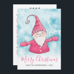 Merry Christmas 2025 Calendar Blue Pink Gnome Holiday Card<br><div class="desc">Create cute personalised Christmas cards with Merry Christmas greetings from your family. The backside has a 2025 calendar on a white background. The design with a cheerful gnome in festive pink clothes on the snowy background is suitable for family, friends, neighbours, or colleagues. The template makes it easy to personalise...</div>