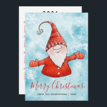 Merry Christmas 2025 Calendar Blue Red Gnome Holiday Card<br><div class="desc">Create cute personalised Christmas cards with Merry Christmas greetings from your family. The backside has a 2025 calendar on a white background. The design with a cheerful gnome in festive red clothes on the snowy background is suitable for family, friends, neighbours, or colleagues. The template makes it easy to personalise...</div>
