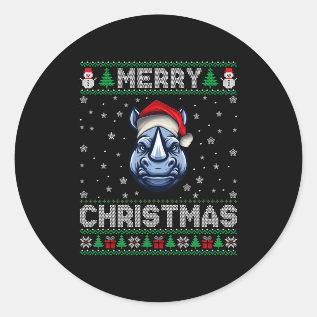Merry Christmas 2025 Rhino Santa Hat Ugly Xmas Lon Classic Round Sticker (Front)