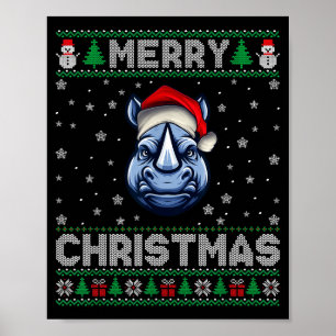 Merry Christmas 2025 Rhino Santa Hat Ugly Xmas Poster