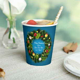 Merry Christmas 20XX Add Text Green Wreath Blue Paper Cups