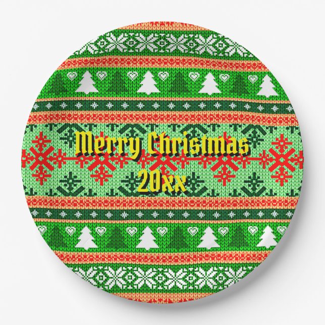 Merry Christmas 20XX Add Text Year Christmas Knit  Paper Plate (Front)