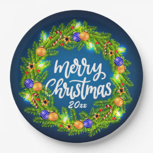 Merry Christmas 20XX Green Wreath on Blue 9" Paper Plate