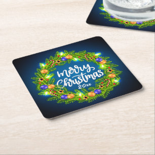 Merry Christmas 20XX Green Wreath on Blue Square Paper Coaster