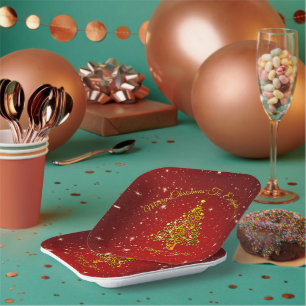 Merry Christmas 20XX Red Gold Tree Stars 7" Square Paper Plate