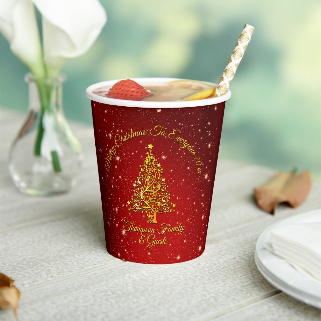 Merry Christmas 20XX Red Gold Tree Stars 8oz Paper Cups (Insitu)