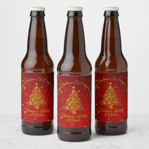 Merry Christmas 20XX Red Gold Tree Stars Beer Bottle Label