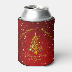 Merry Christmas 20XX Red Gold Tree Stars Can Cooler