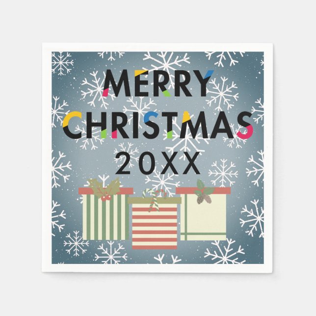 Merry Christmas 20XX Template SnowflakesGift Boxes Napkin (Front)
