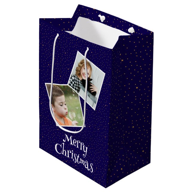 Merry Christmas 2 custom photos and stars Medium Gift Bag (Front Angled)