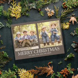 Merry Christmas 2 Family Photo Rustic Brown Holiday Card