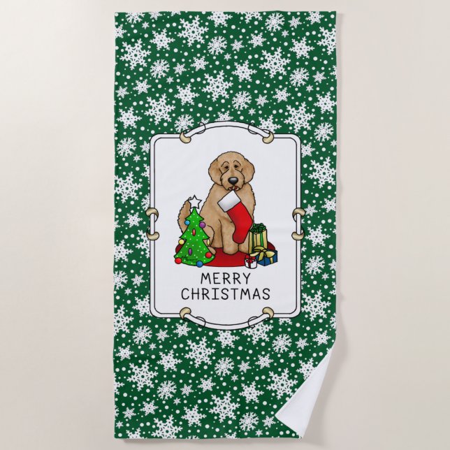 Merry Christmas 2 Goldendoodle (golden red) Cute Beach Towel (Front)