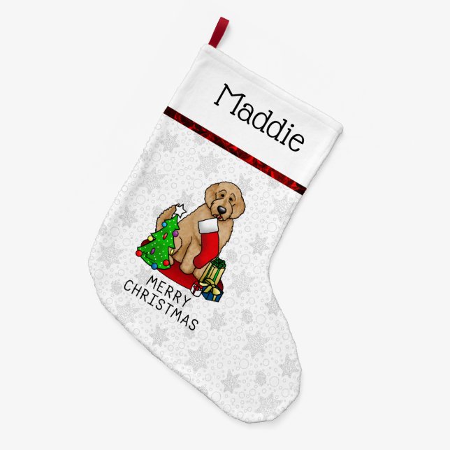 Merry Christmas 2 Goldendoodle (golden red) Cute Large Christmas Stocking (Front (Hanging))