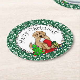 Merry Christmas 2 Goldendoodle (golden red) Cute Round Paper Coaster
