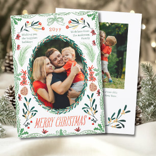 Merry Christmas 2 Photo Coquette Botanical Floral Holiday Card