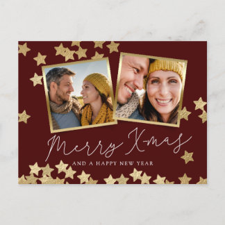 Merry Christmas 2 Photo Holiday Postcard Red Gold